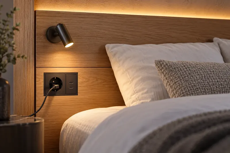 Шпонированное изголовье с розеткой, USB-C, бра и скрытой подсветкой